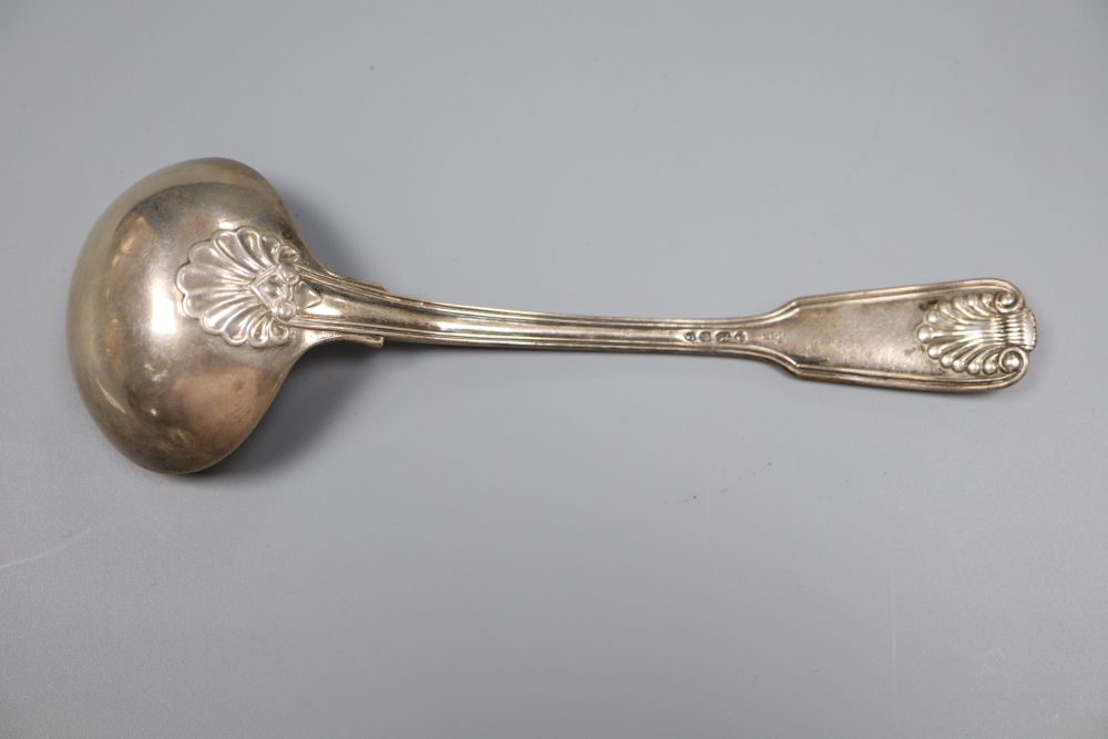 A pair of William IV silver fiddle, thread and shell pattern sauce ladles, Lias & Lias, London 1830 and a later Victorian pair,